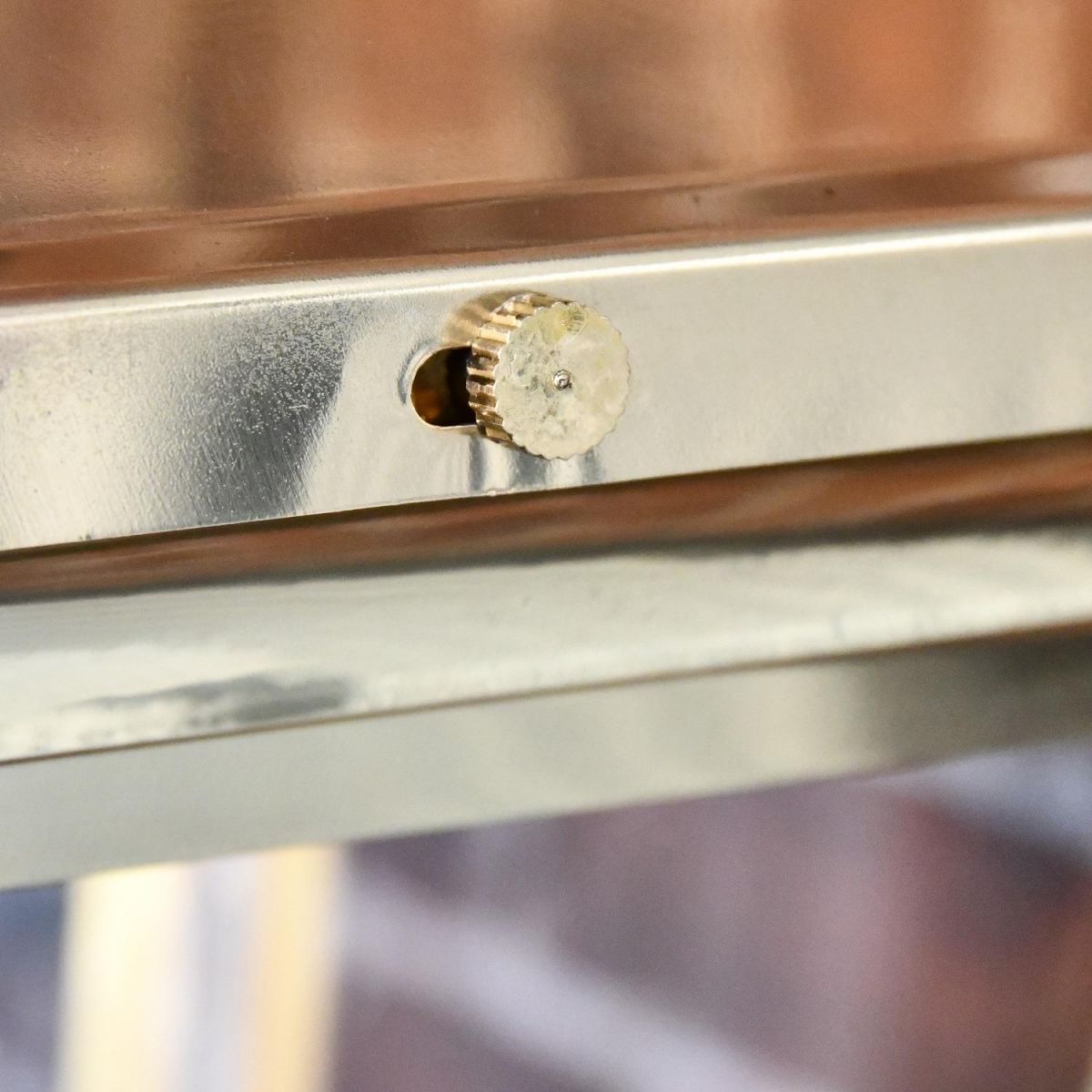 Close up of matching polished brass screw 