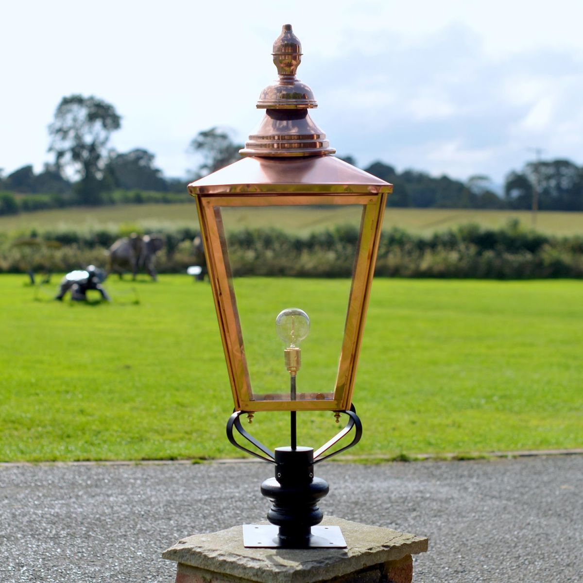 Copper Rochester Entrance Pillar Light in Situ on a Brick Pillar