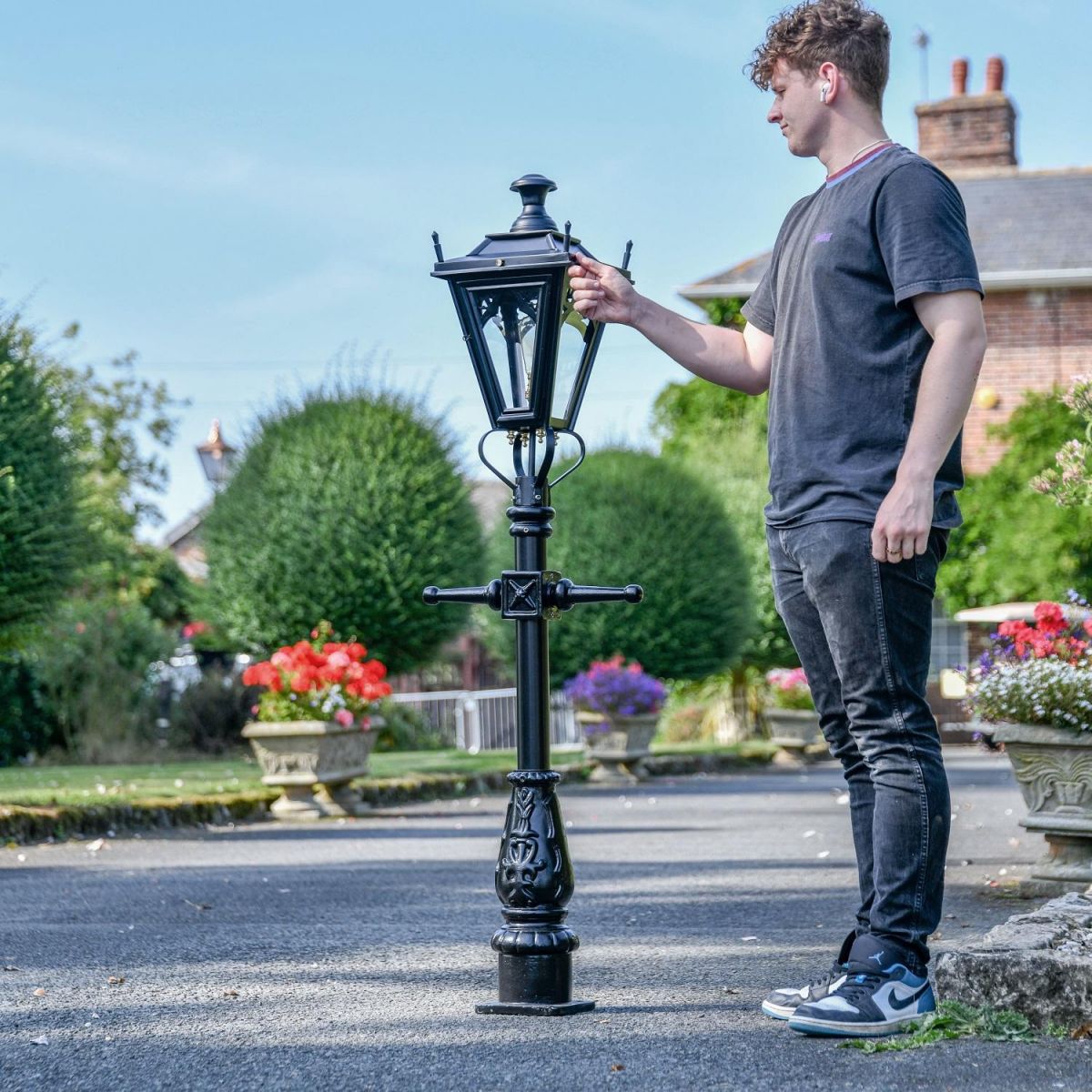 Black Gothic Miniature Lamp Post with Male for Scale