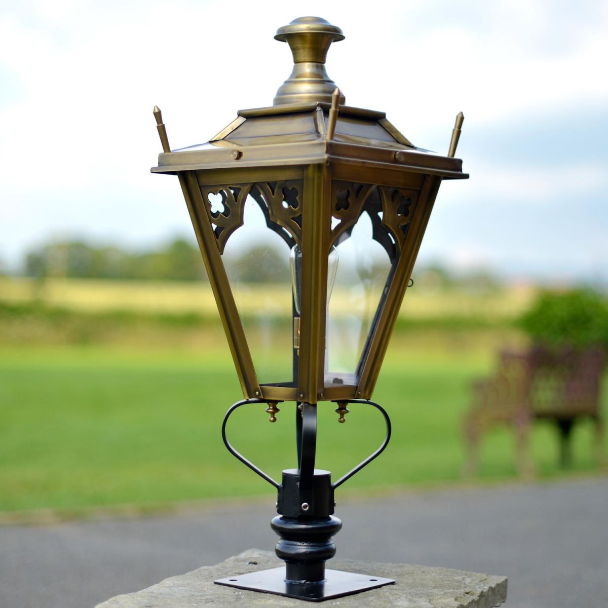Brass Gothic Pillar Light and Lantern Set in Situ on a Driveway