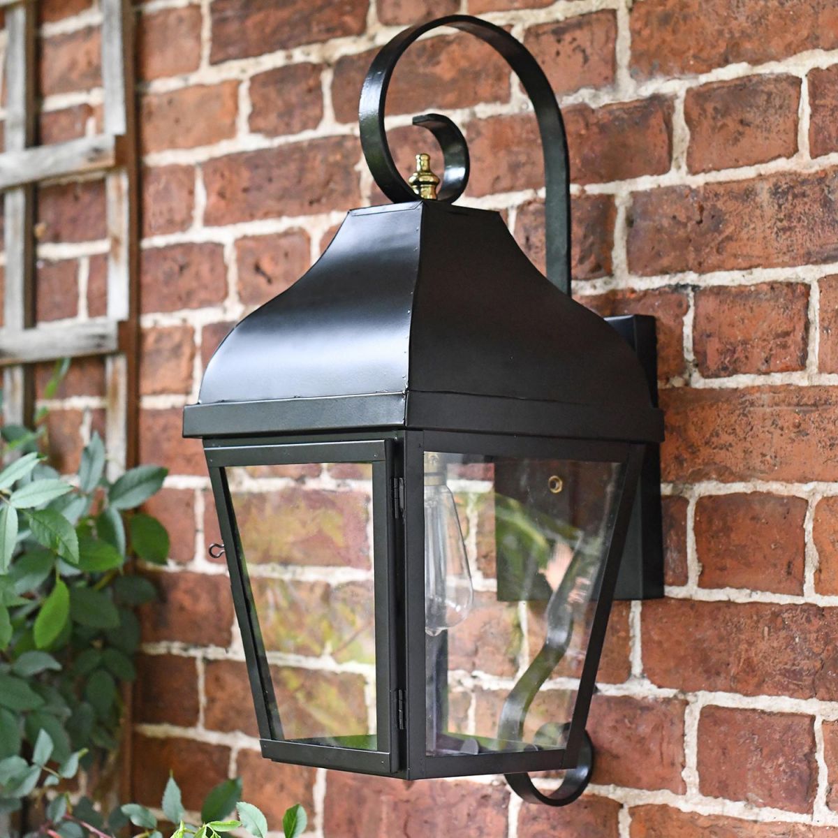 Midnight Black Flush Wall Lantern With Scrolled Bracket