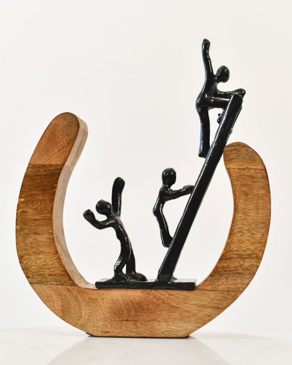 front view of cast aluminium and mango wood black interior ornament front view of cast aluminium and mango wood black interior ornament