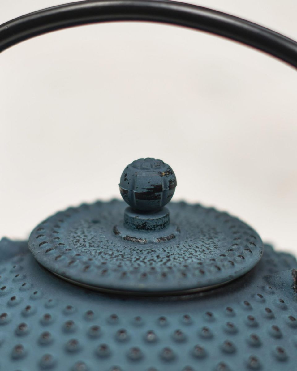 Close-Up of Light Blue & Black Cast Iron "Ushirode Kyusu" Japanese Style Teapot Close-Up of Light Blue & Black Cast Iron "Ushirode Kyusu" Japanese Style Teapot