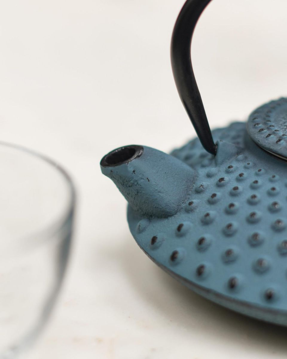 Close-Up of Teapot Spout for Light Blue & Black Cast Iron "Ushirode Kyusu" Japanese Style Teapot Close-Up of Teapot Spout for Light Blue & Black Cast Iron "Ushirode Kyusu" Japanese Style Teapot