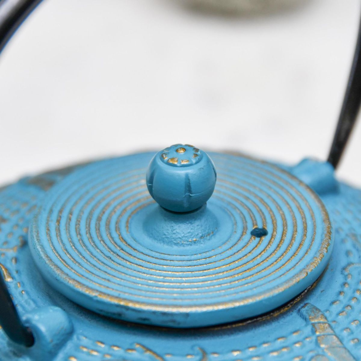 Close-Up of Light Blue "Butterfly" Cast Iron Teapot with Closed Lid Close-Up of Light Blue "Butterfly" Cast Iron Teapot with Closed Lid