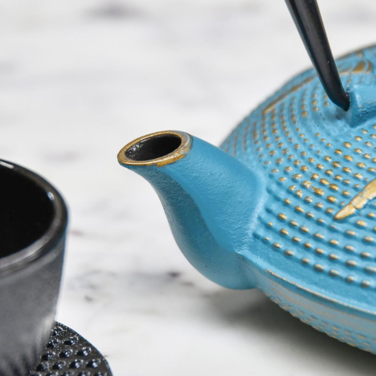 Close-Up of Spout on Light Blue "Butterfly" Cast Iron Oriental Teapot Close-Up of Spout on Light Blue "Butterfly" Cast Iron Oriental Teapot