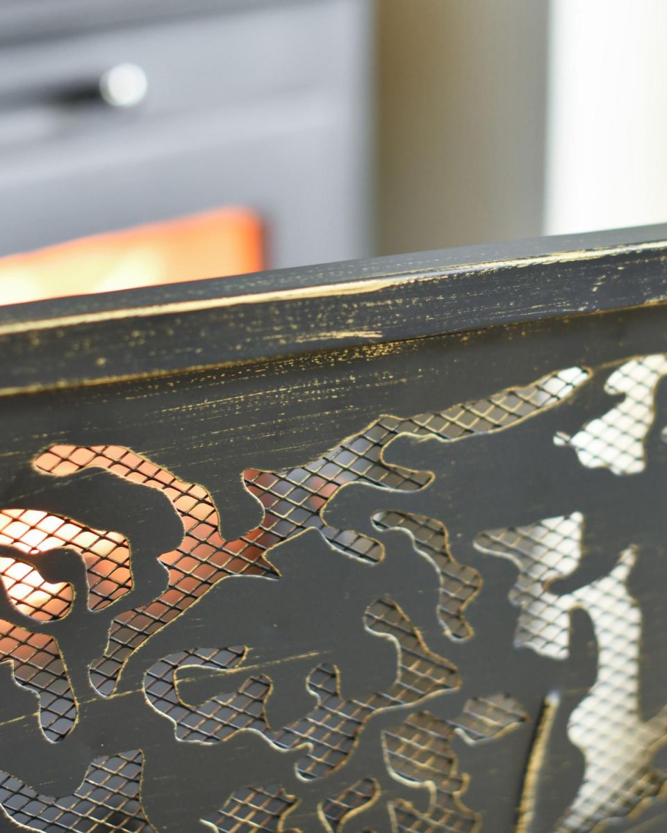 Close Up Of "Lignum Vitae" Brushed Gold Fire Guard Edges Close Up Of "Lignum Vitae" Brushed Gold Fire Guard Edges