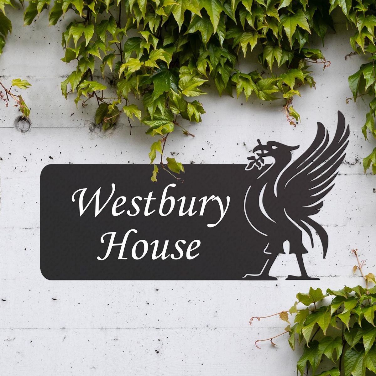 Black Liver Bird Iron House Name Sign on a White Wall