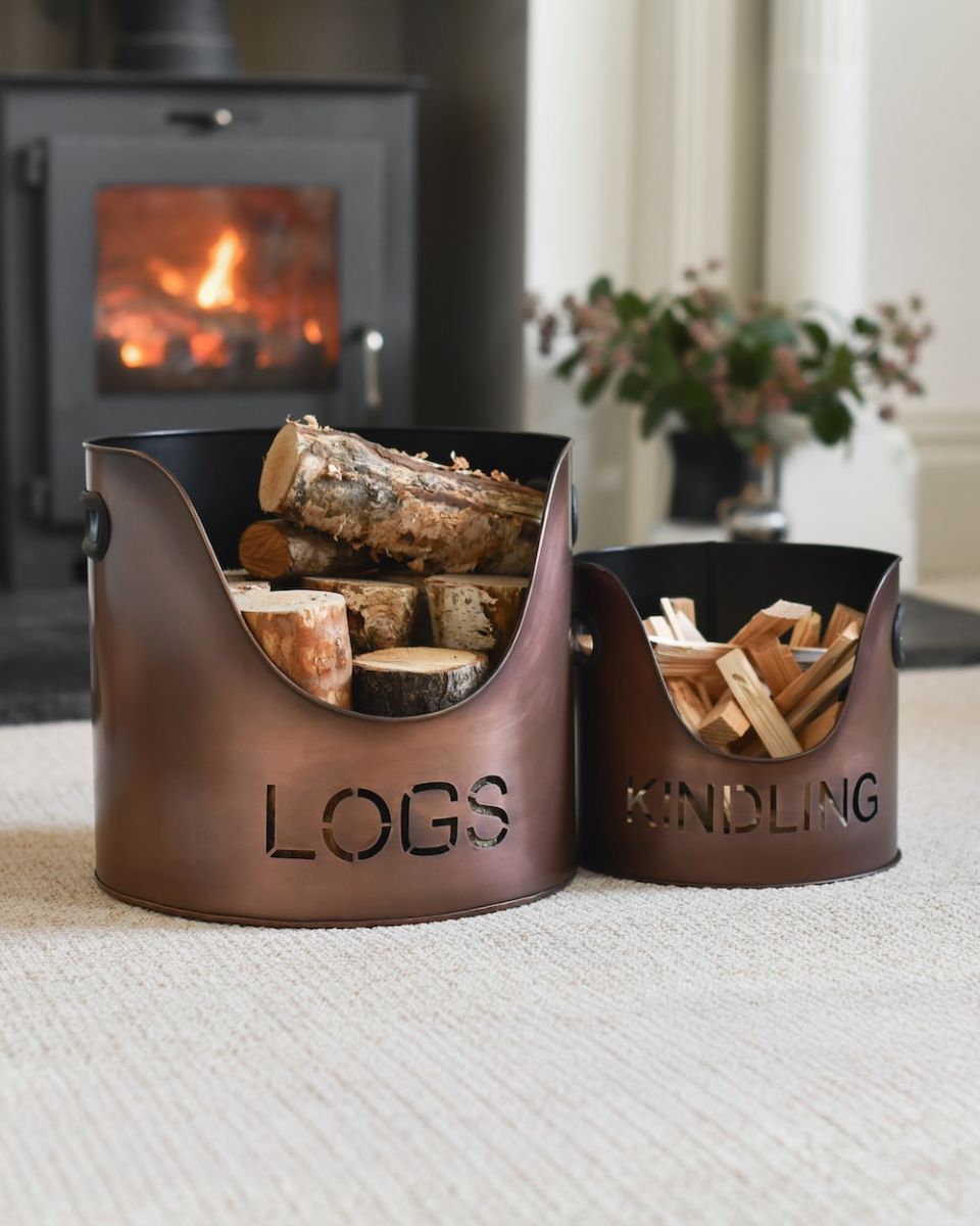 Set of two brushed antique log and kindling buckets