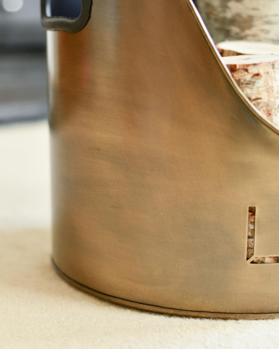 Close Up Of "LOGS" Log & Kindling Holder In Antique Brushed Gold Finish