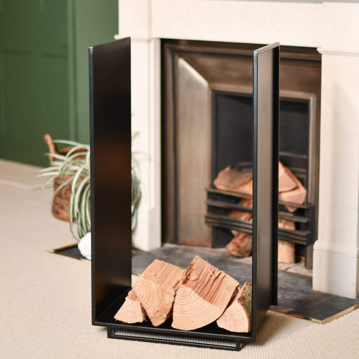 Long Black Contemporary Log Rack in Situ