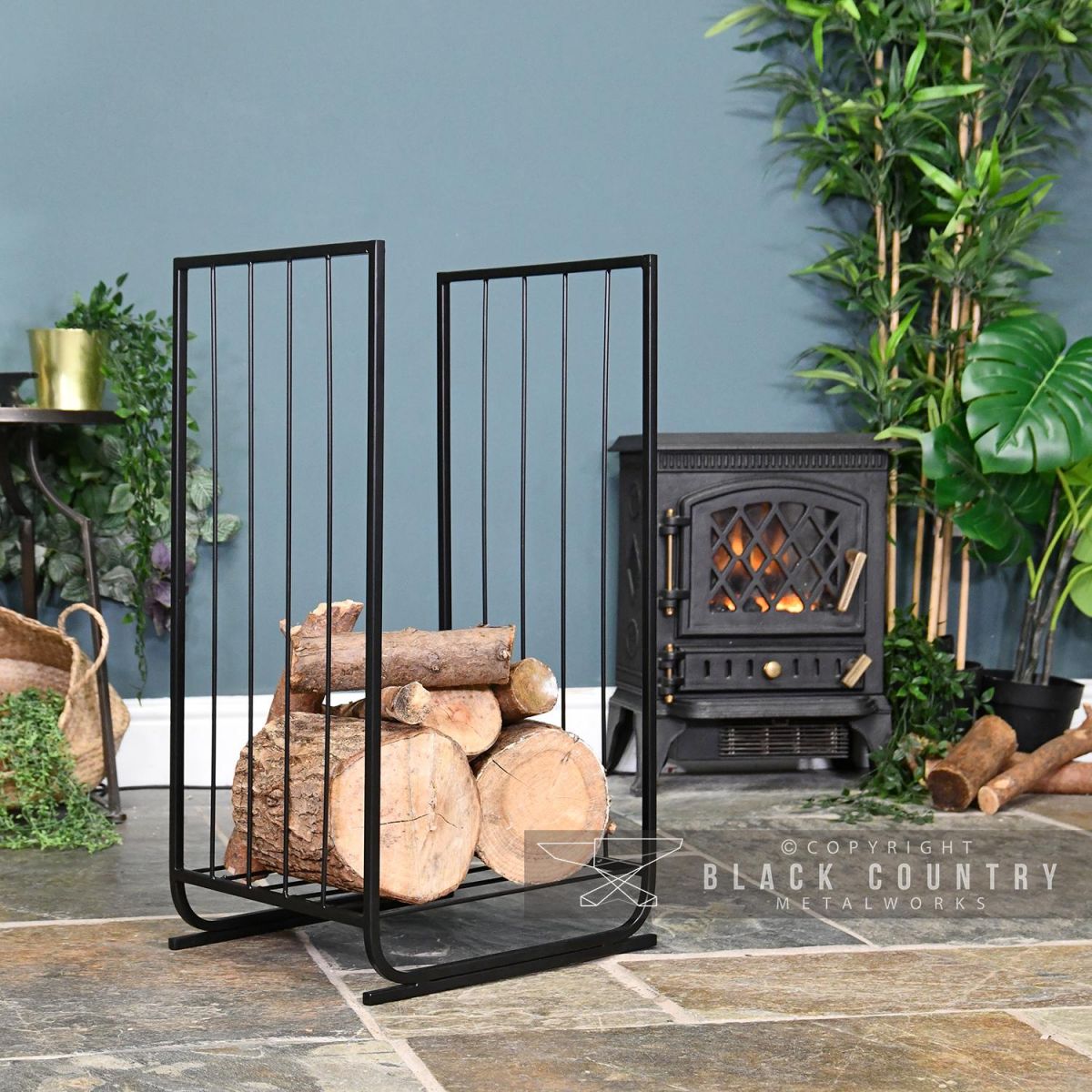 Long Contemporary Log Holder in Situ Next to the Fireplace