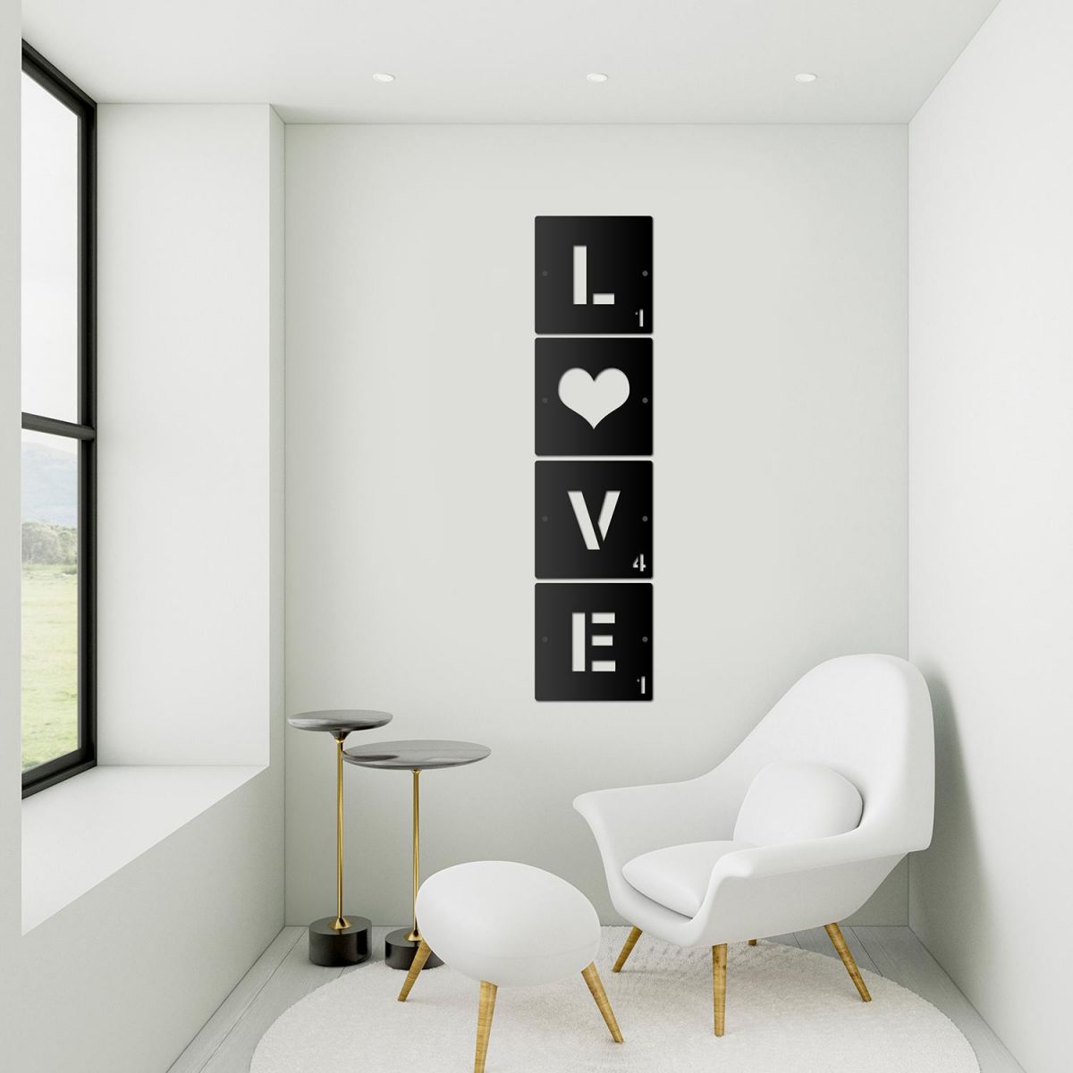 "LOVE" Scrabble Square Letters in a Modern Sitting Room