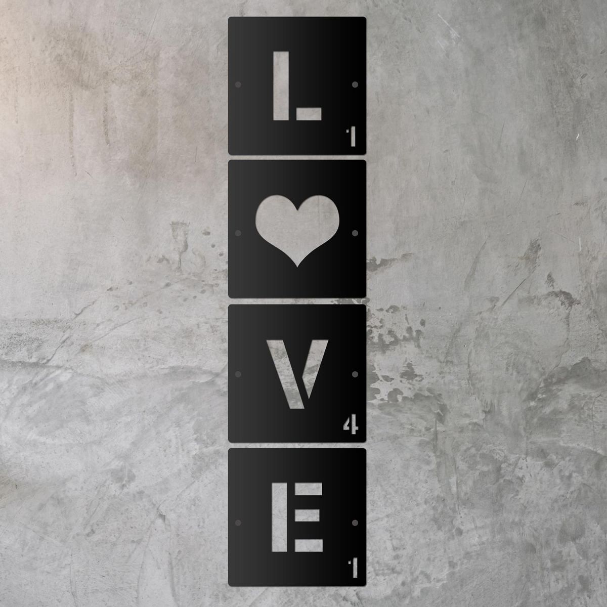 "LOVE" Scrabble Square Letters on a Rustic Grey Wall