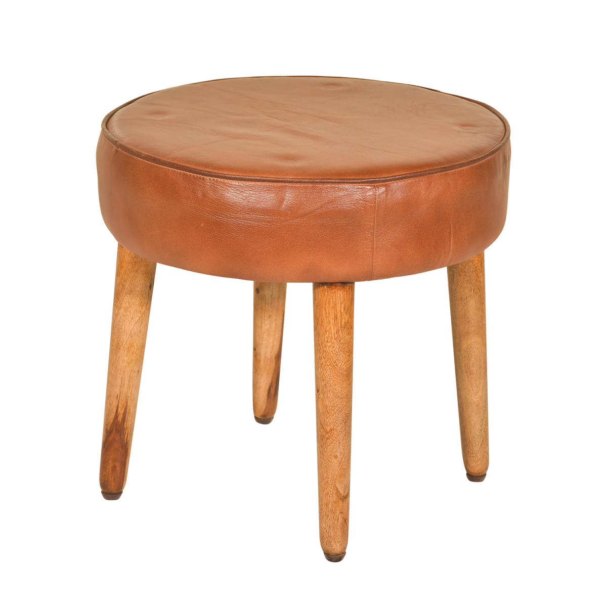 Mango Wood and Dark Brown Goat Leather Stool 