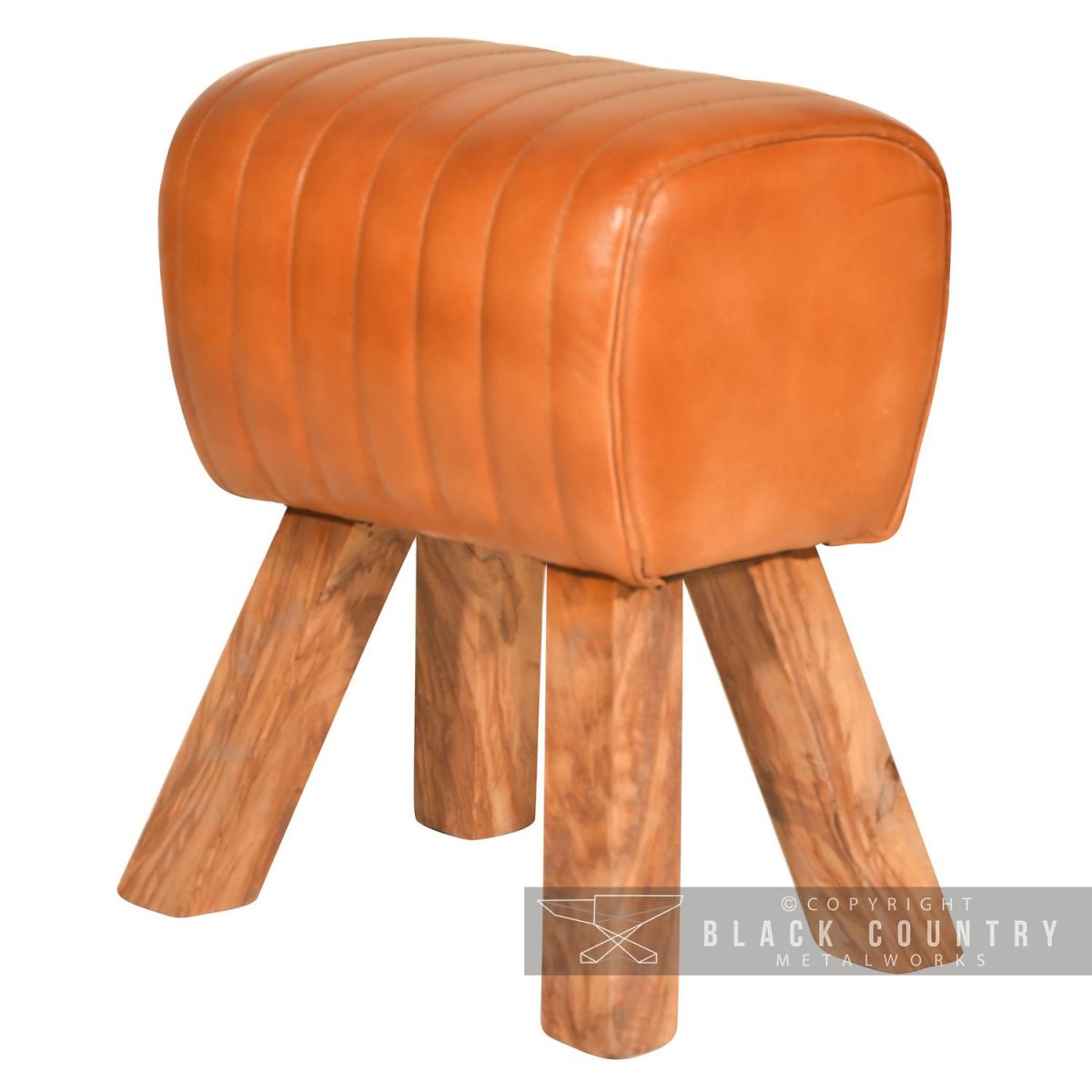 Mango Wood and Tan Goat Leather Stool  Mango Wood and Tan Goat Leather Stool