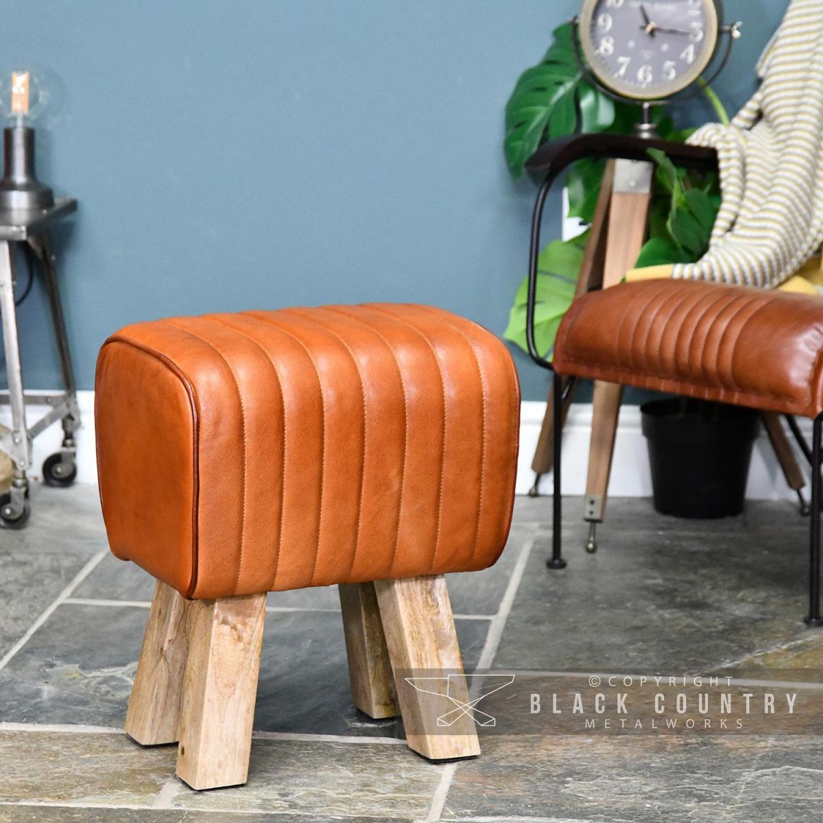 "The Orton" Mango Wood & Tan Leather Stool "The Orton" Mango Wood & Tan Leather Stool