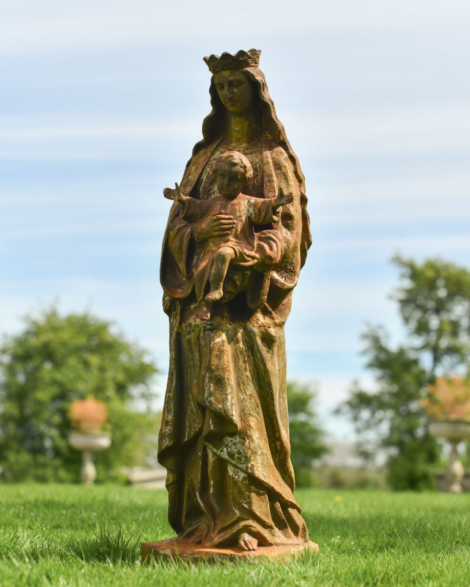 Mother Mary Holding Baby Cast Iron Sculpture - Light Mother Mary Holding Baby Cast Iron Sculpture - Light