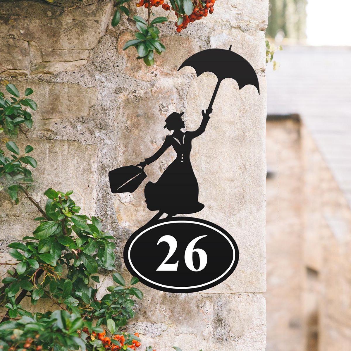 Mary Poppins Iron House Number Sign in Situ on a Rustic Wall 