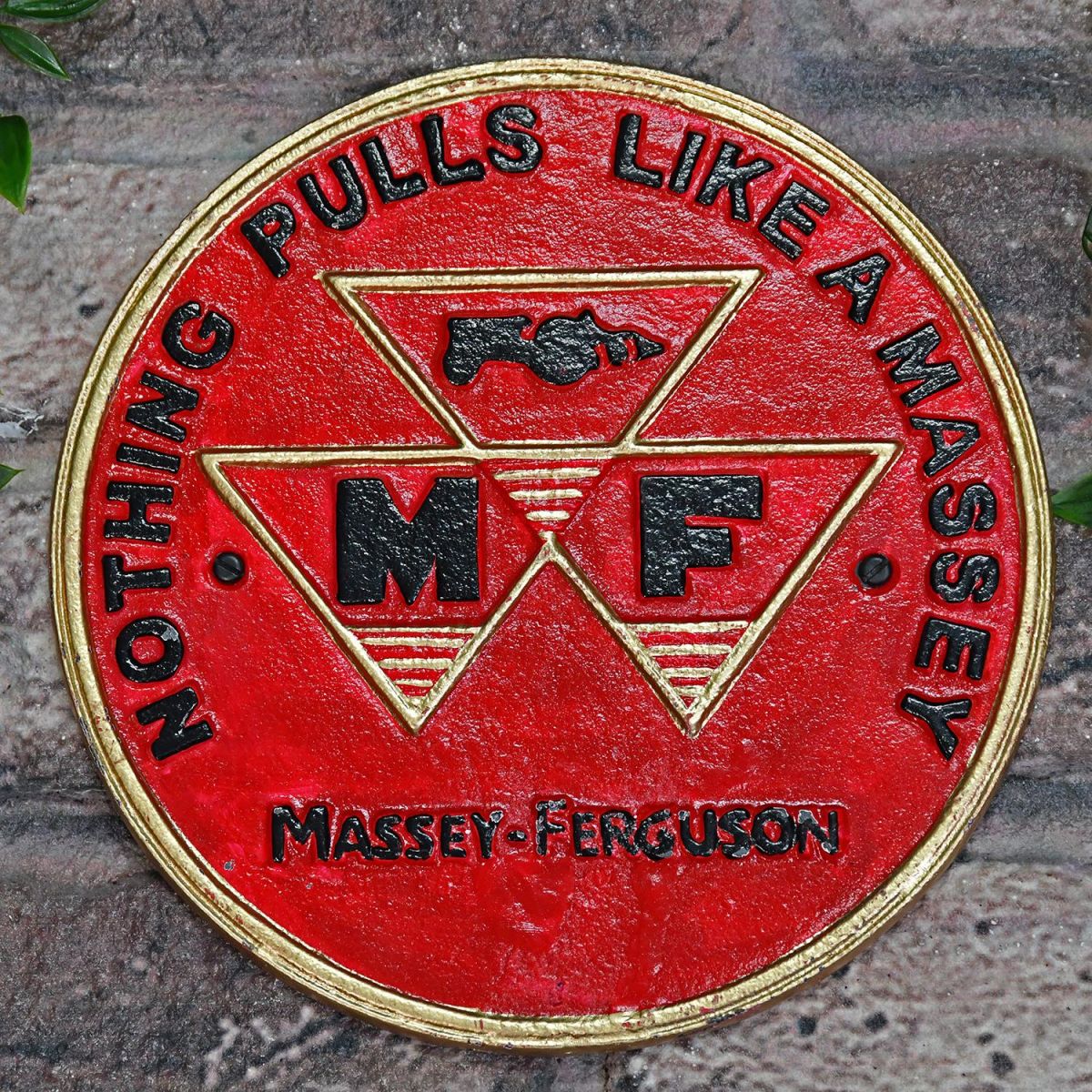"Massey Ferguson" Cast Iron Automobilia Reproduction Sign in Situ Outdoors in the Garden