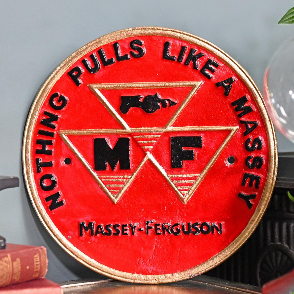 "Massey Ferguson" Cast Iron Automobilia Reproduction Sign in Situ Next to a Blue Wall