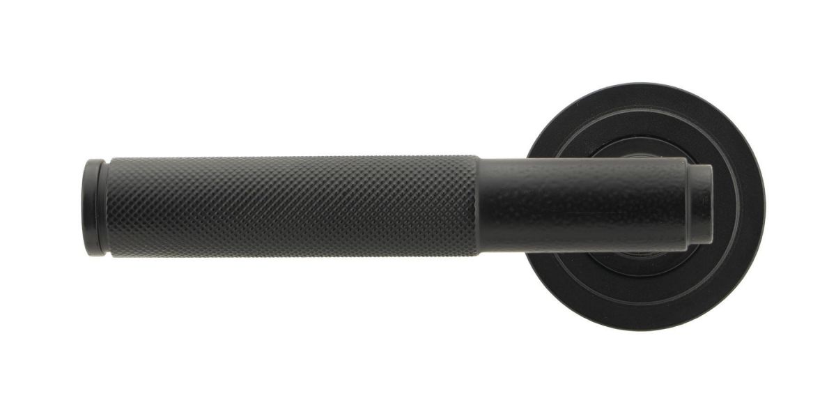 Matte Black Textured Unsprung Lever Door Handle on Art Deco Rose Front Matte Black Textured Unsprung Lever Door Handle on Art Deco Rose Front