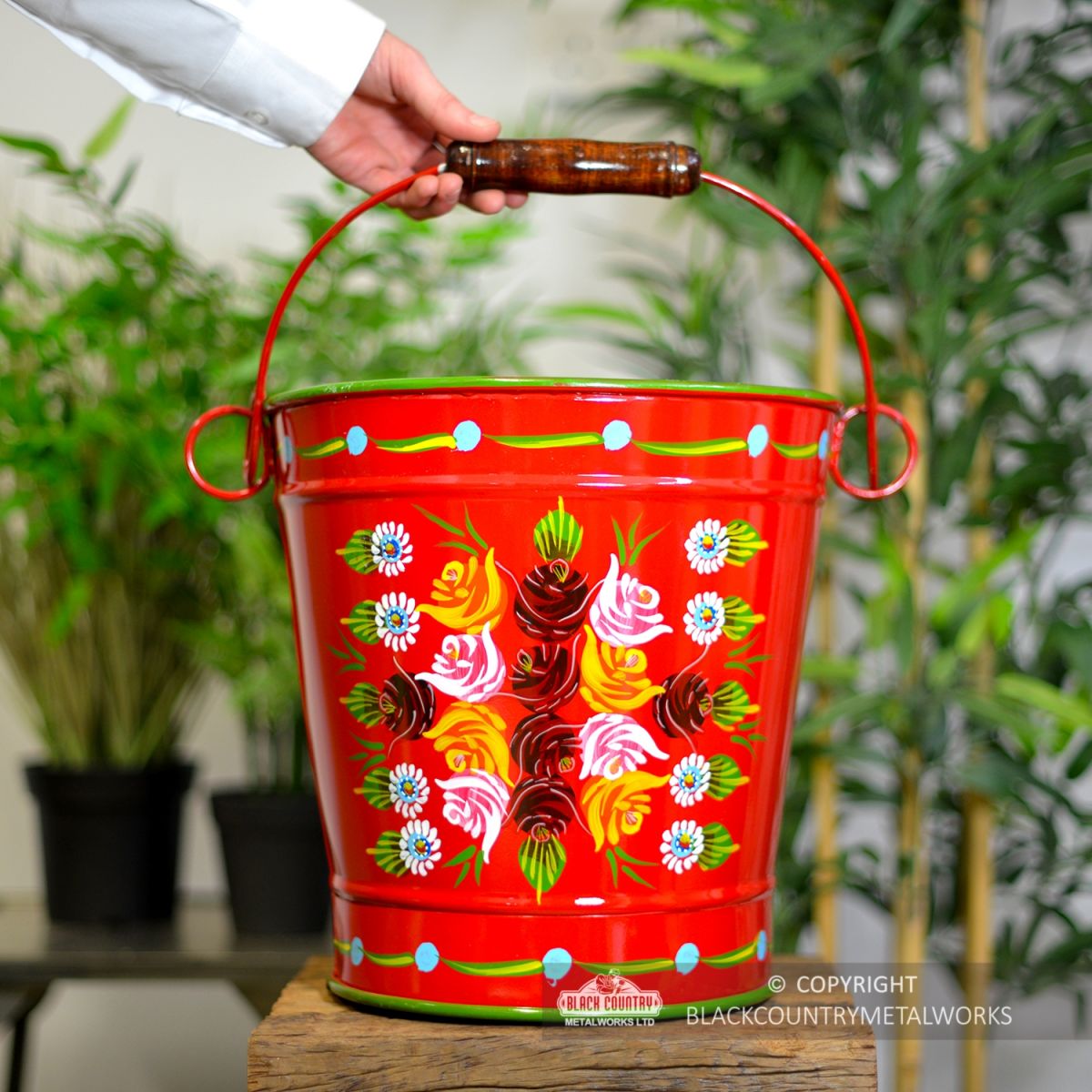 Red Hand Painted XL Log Bucket to Scale