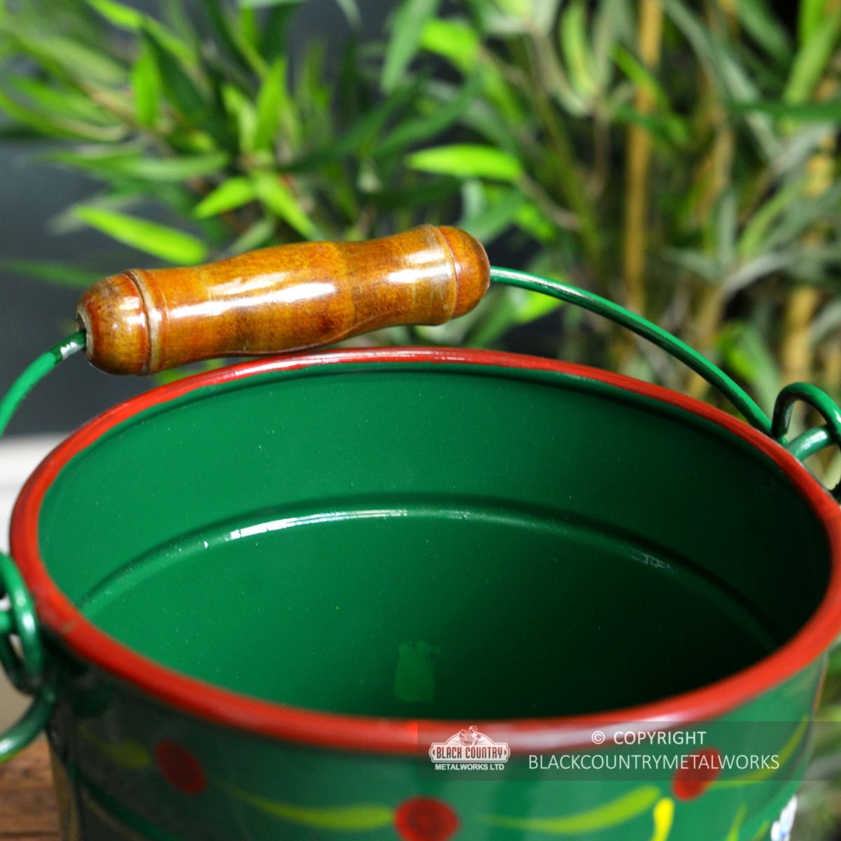 Close-up of the Top of the Medium Green Narrowboat Hand Painted Bucket