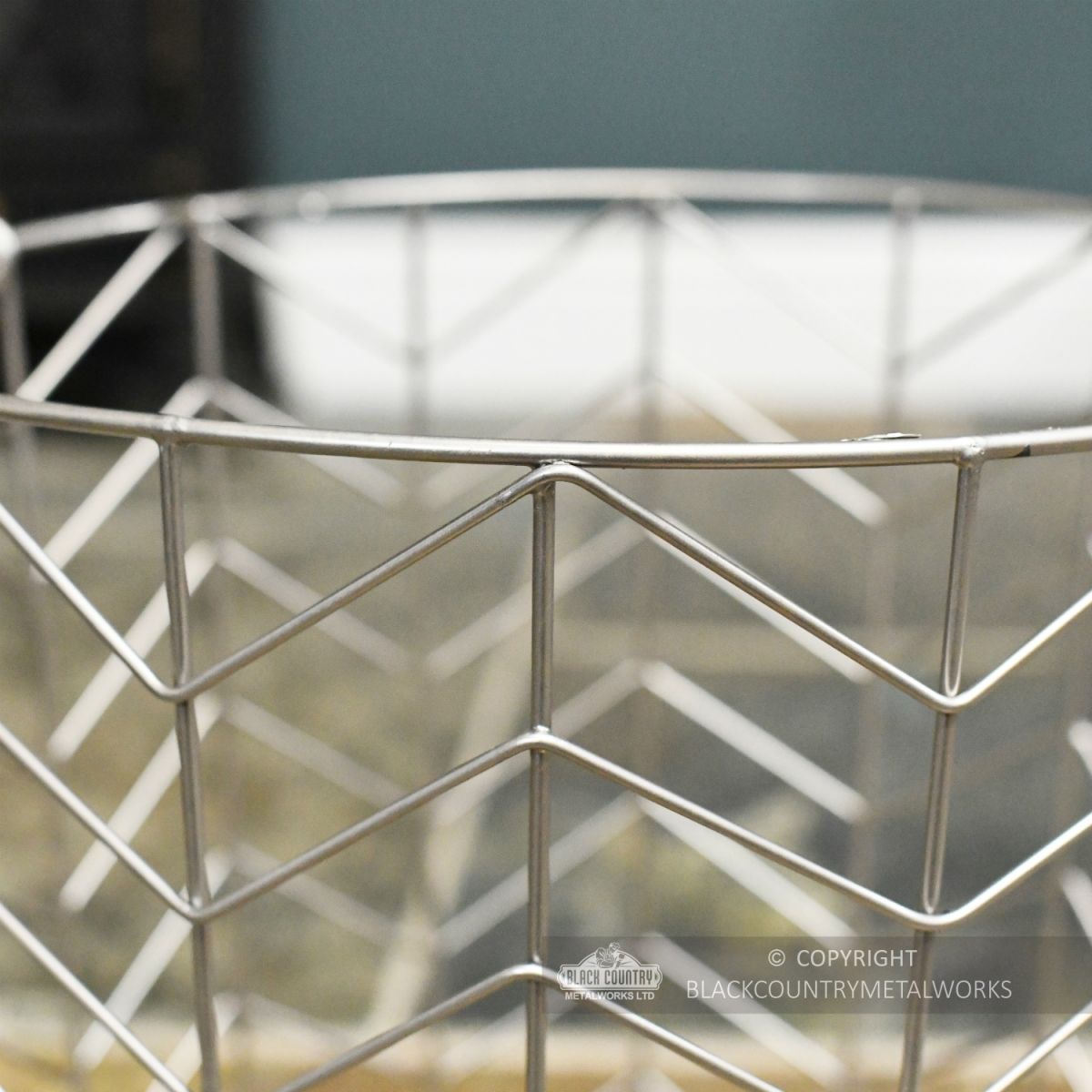 Medium Pewter Finish Wire Work Log Basket Close Up