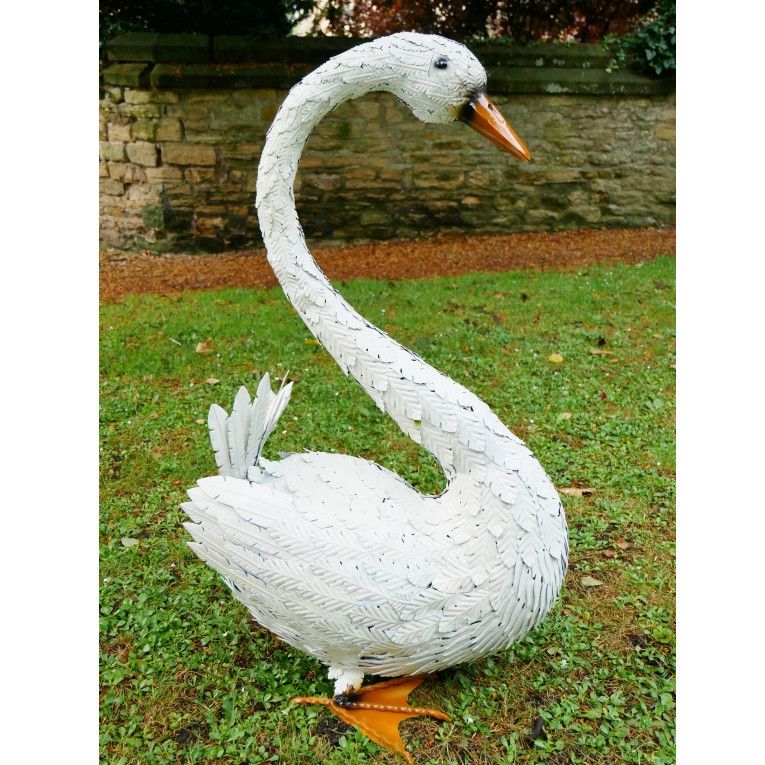 White Metal Feathered Swan Sculpture White Metal Feathered Swan Sculpture