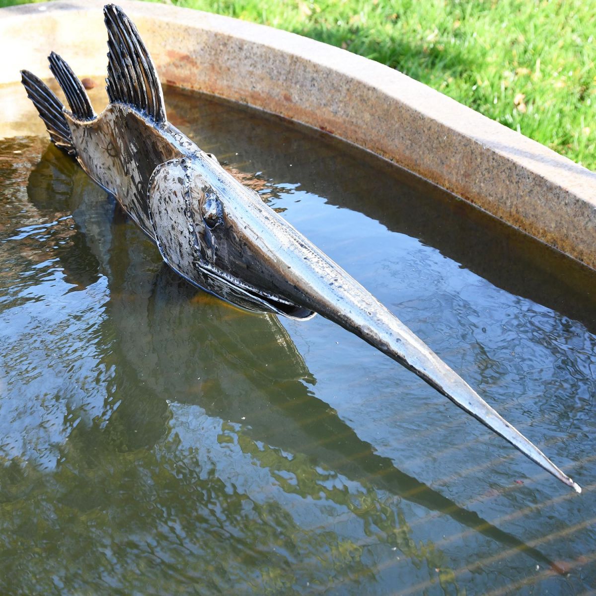 Metal Swordfish Sculpture in Situ in a Fountain
