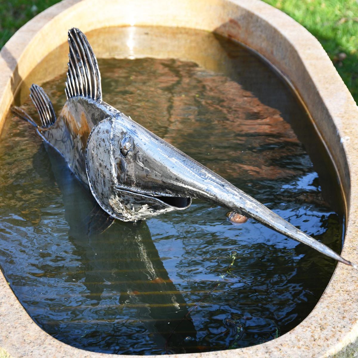 Metal Swordfish Sculpture in Situ in a Fountain
