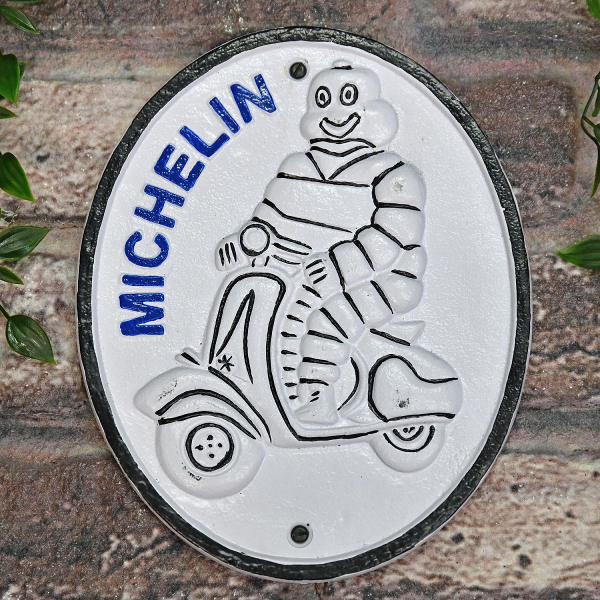 "Michelin Man" Scooter Cast Automobilia Reproduction Sign in Situ on Brick Wall