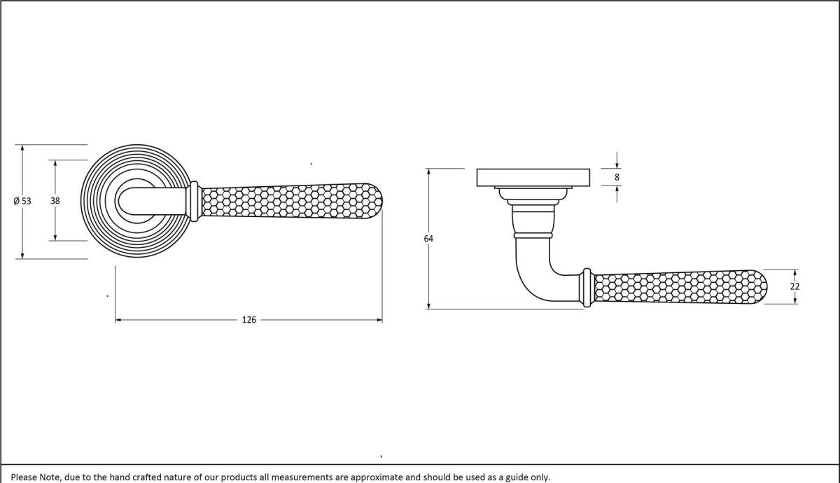 Matte Black Hammered Unsprung Lever Door Handle on Beehive Rose Dimensions