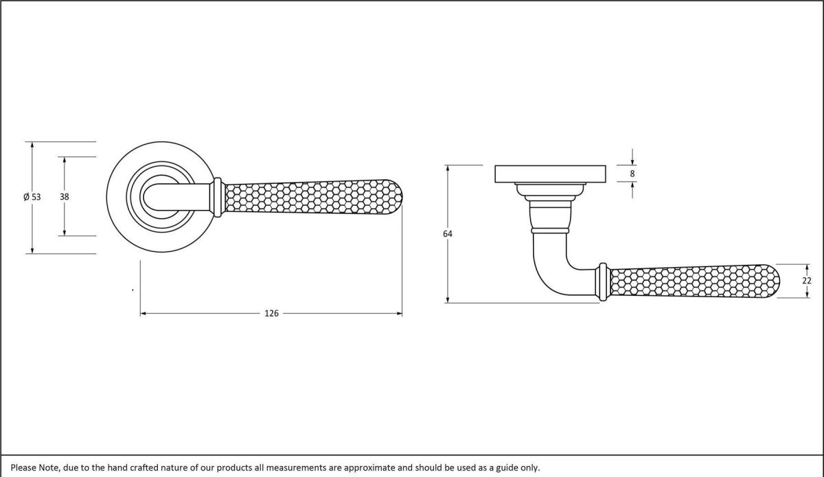 Midnight Black Hammered Unsprung Lever Door Handle on Rose Dimensions