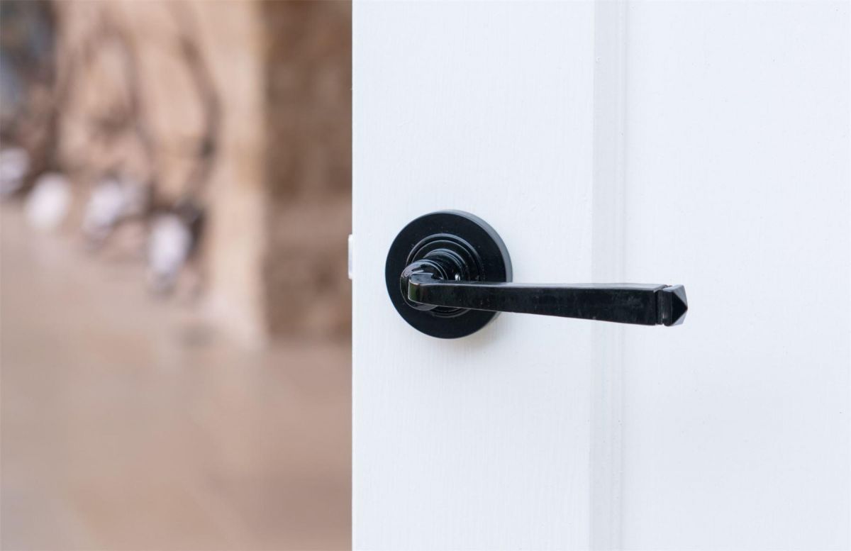 Midnight Black Lever Door Handle on Rose on Door