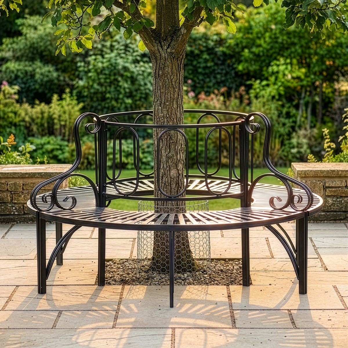 Midnight Black Ornate Antique Full Tree Bench digital illustration