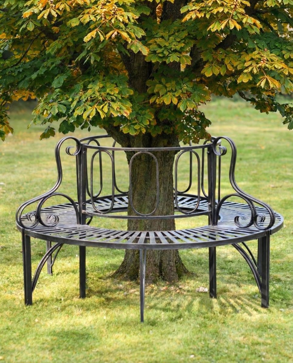 Digital illustration of Midnight Black Ornate Antique Full Tree Bench with tree in centre