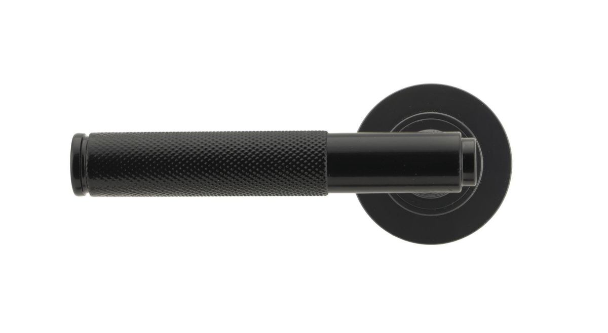 Midnight Black Textured Lever Door Handle on Rose Front