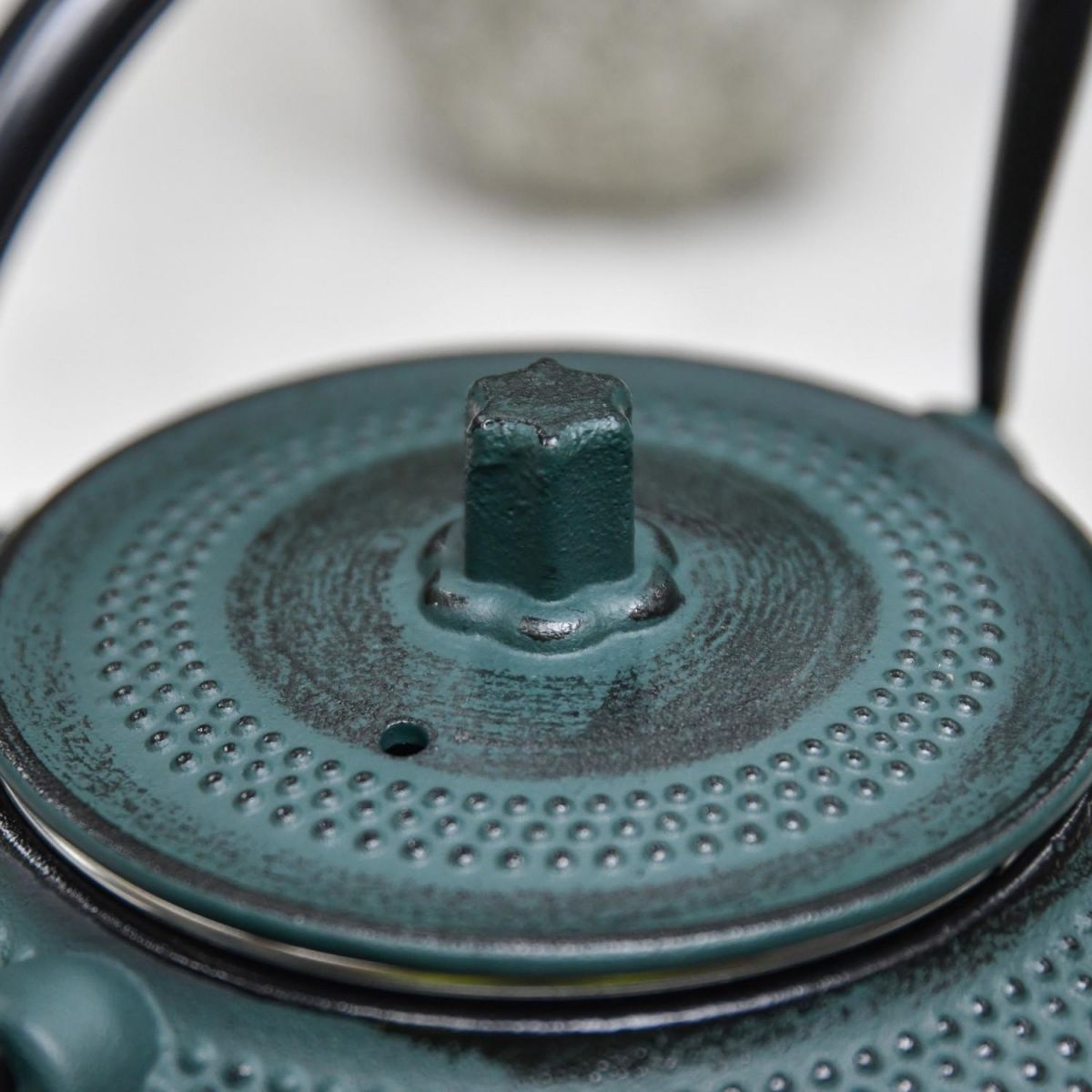 Close-Up of Closed Lid on Midnight Green Cast Iron Teapot 