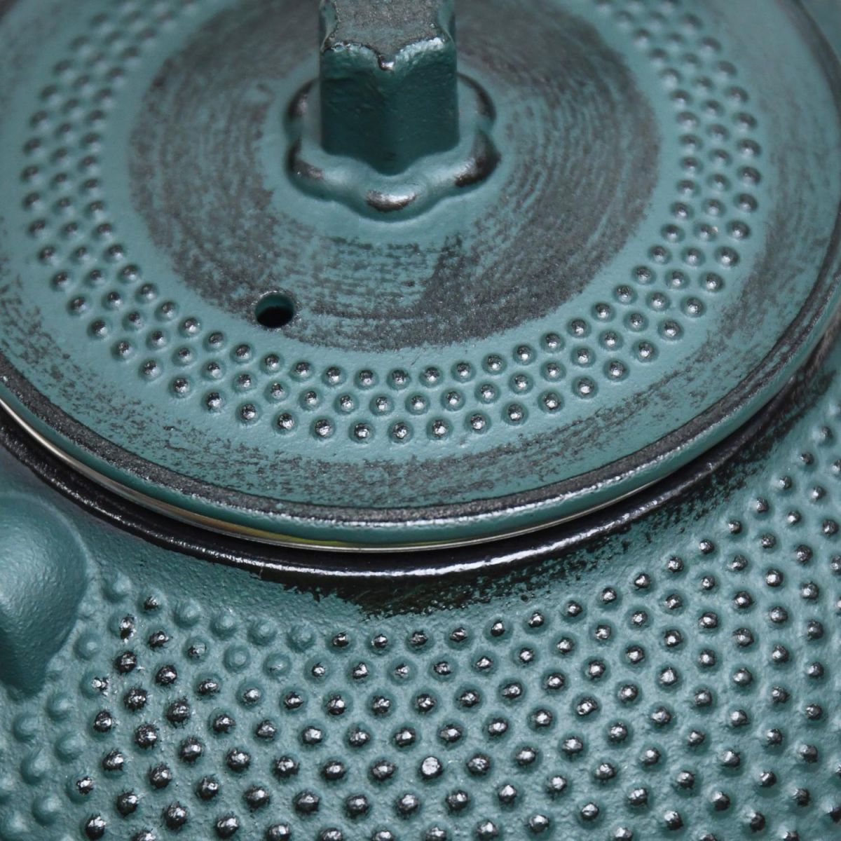 Close-Up of Midnight Green & Black Finish on Cast Iron Teapot