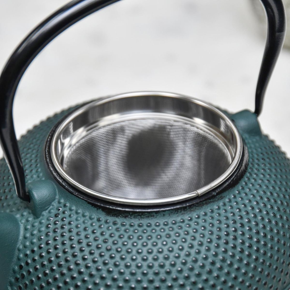 Close-Up of Internal Compartment of Midnight Green Cast Iron Teapot 