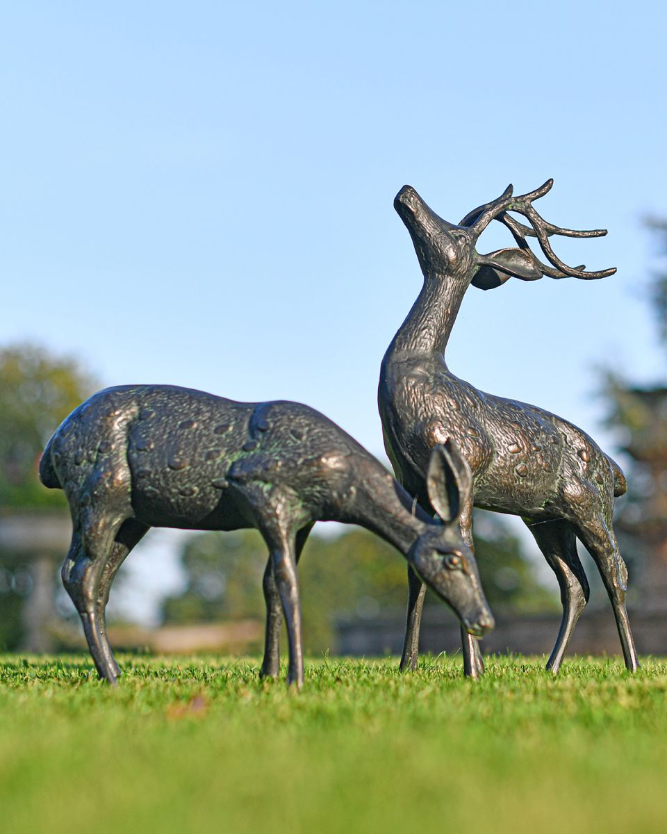 Miniature Aged Verdigris Stag & Deer Garden Sculptures Available as a Set