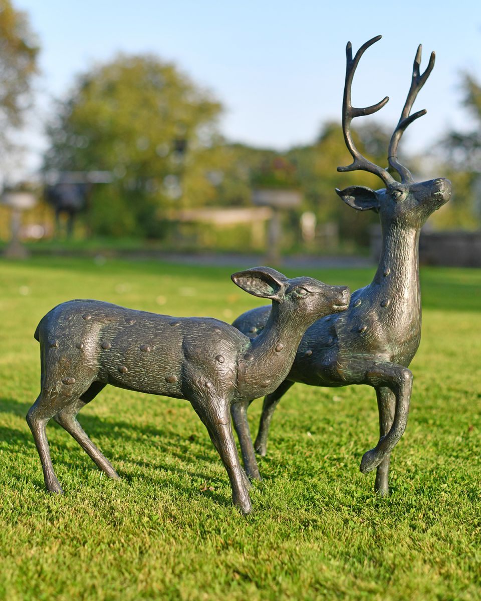 Miniature Aged Verdigris Stag & Doe Garden Sculptures Available as a Set