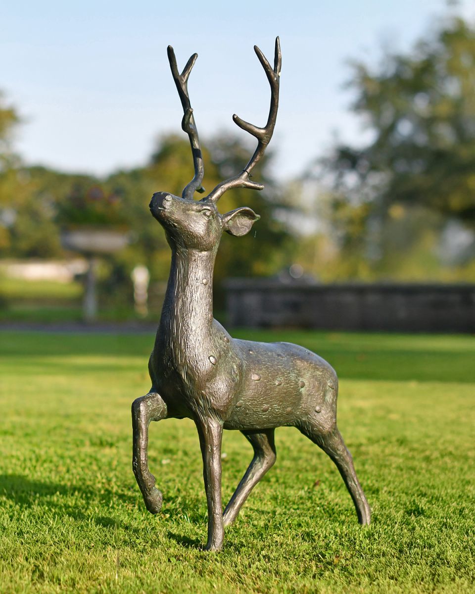 Miniature Aged Verdigris Stag Sculpture in Situ in the Garden