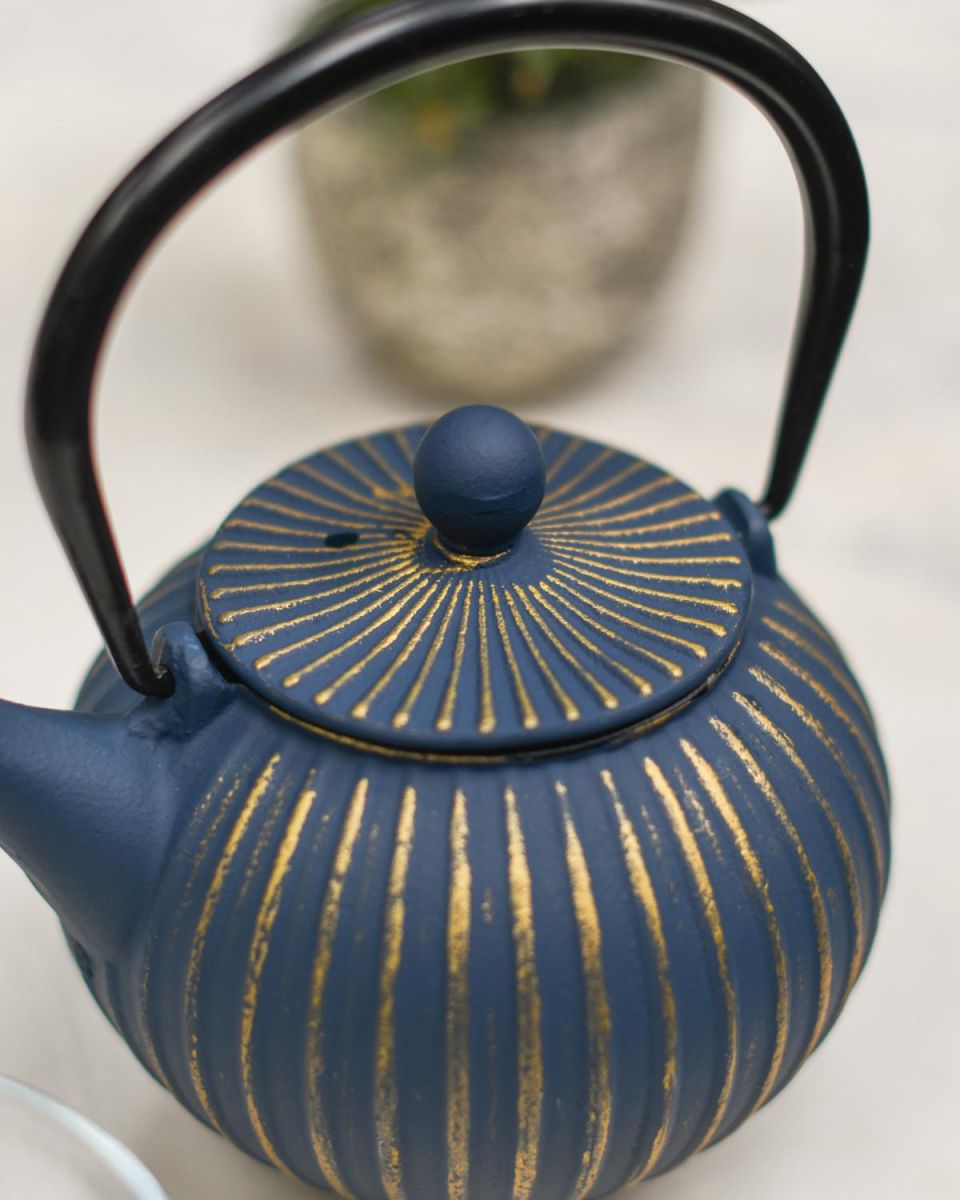 Close-Up of Miniature Blue & Gold "Ushirode Kyusu" Japanese Style Teapot