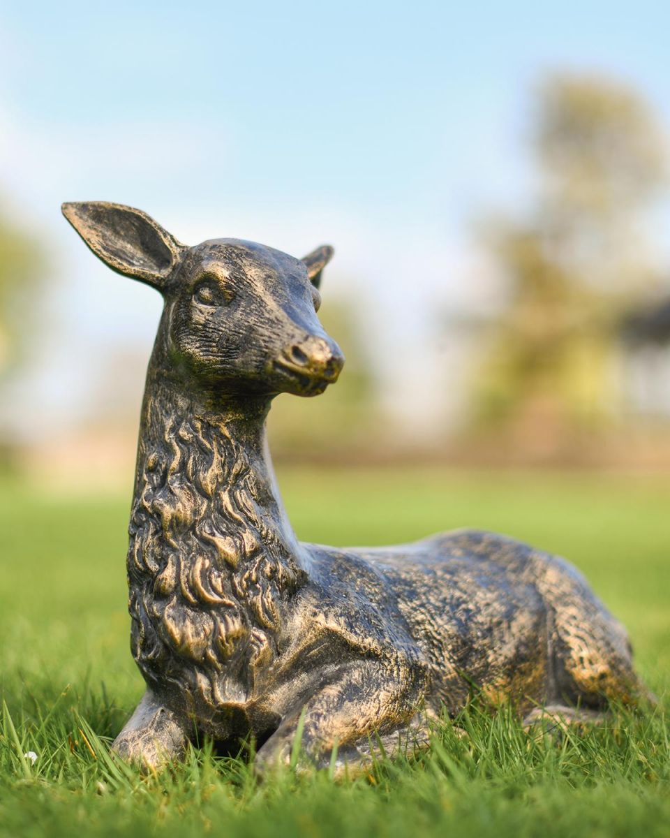 Miniature Cast Aluminium Lying Down Doe Sculpture in Situ in the Garden