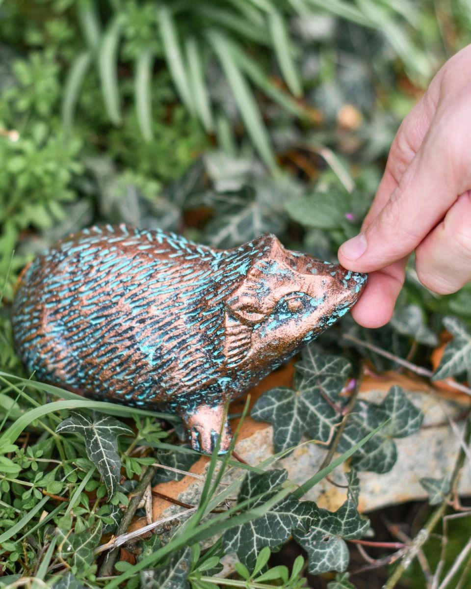 Scale Shot of Miniature Rustic Verdigris Cast Aluminium Hedgehog Garden Sculpture