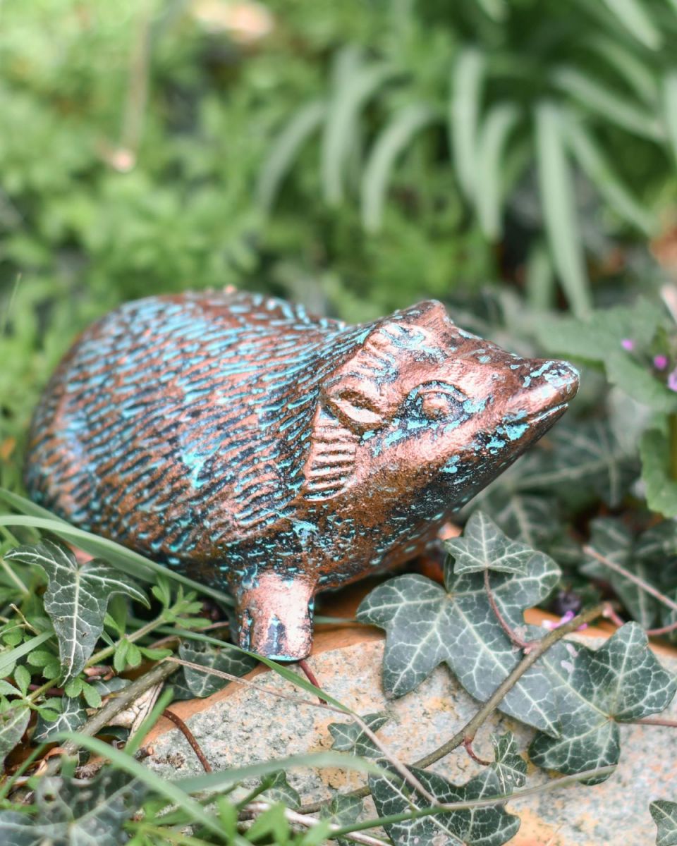 Miniature Rustic Verdigris Cast Aluminium Hedgehog Garden Sculpture in Situ