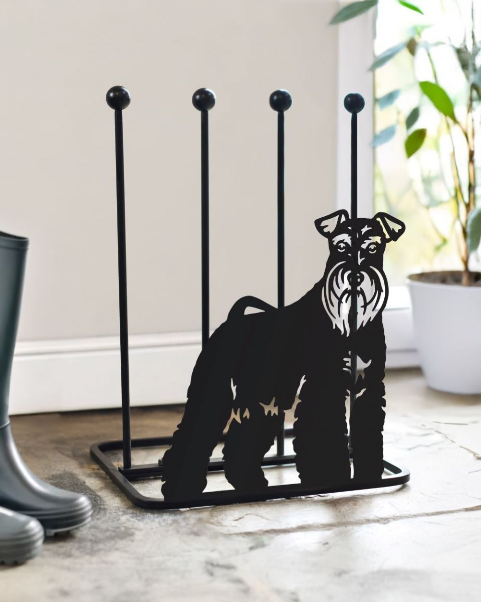 Black boot rack with miniature schnauzer silhouette on front Black boot rack with miniature schnauzer silhouette on front